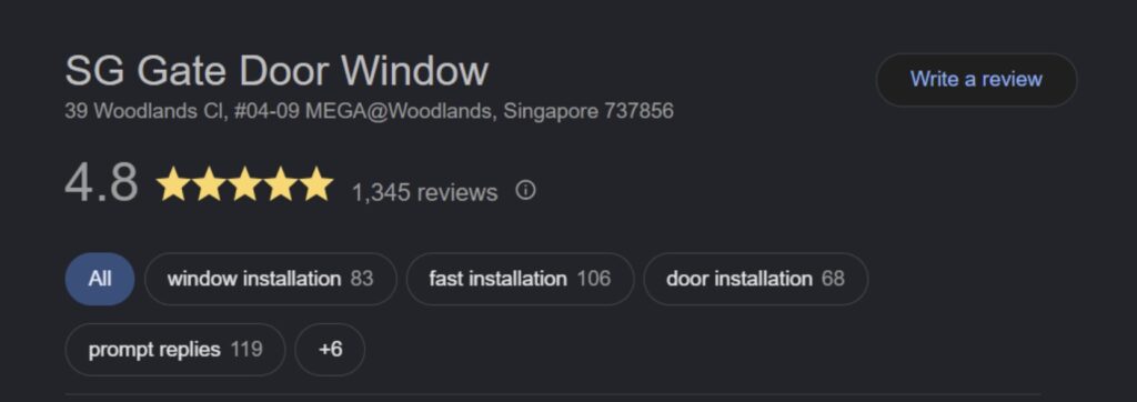 SG Gate Door Window Google Rating